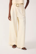 Beige Shell Embroidered Buckle Linen Wide-leg Pants
