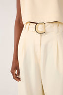 Beige Shell Embroidered Buckle Linen Wide-leg Pants