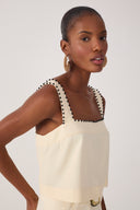 Beige Shell Beaded Neckline Linen Crop Top