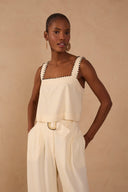 Beige Shell Beaded Neckline Linen Crop Top