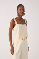 Beige Shell Beaded Neckline Linen Crop Top