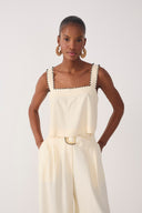 Beige Shell Beaded Neckline Linen Crop Top