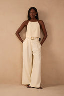 Beige Shell Embroidered Buckle Linen Wide-leg Pants