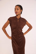 Maud Dress from MISA Los Angeles in chocolate brown faux suede, view 2