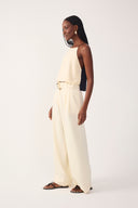 Beige Shell Embroidered Buckle Linen Wide-leg Pants