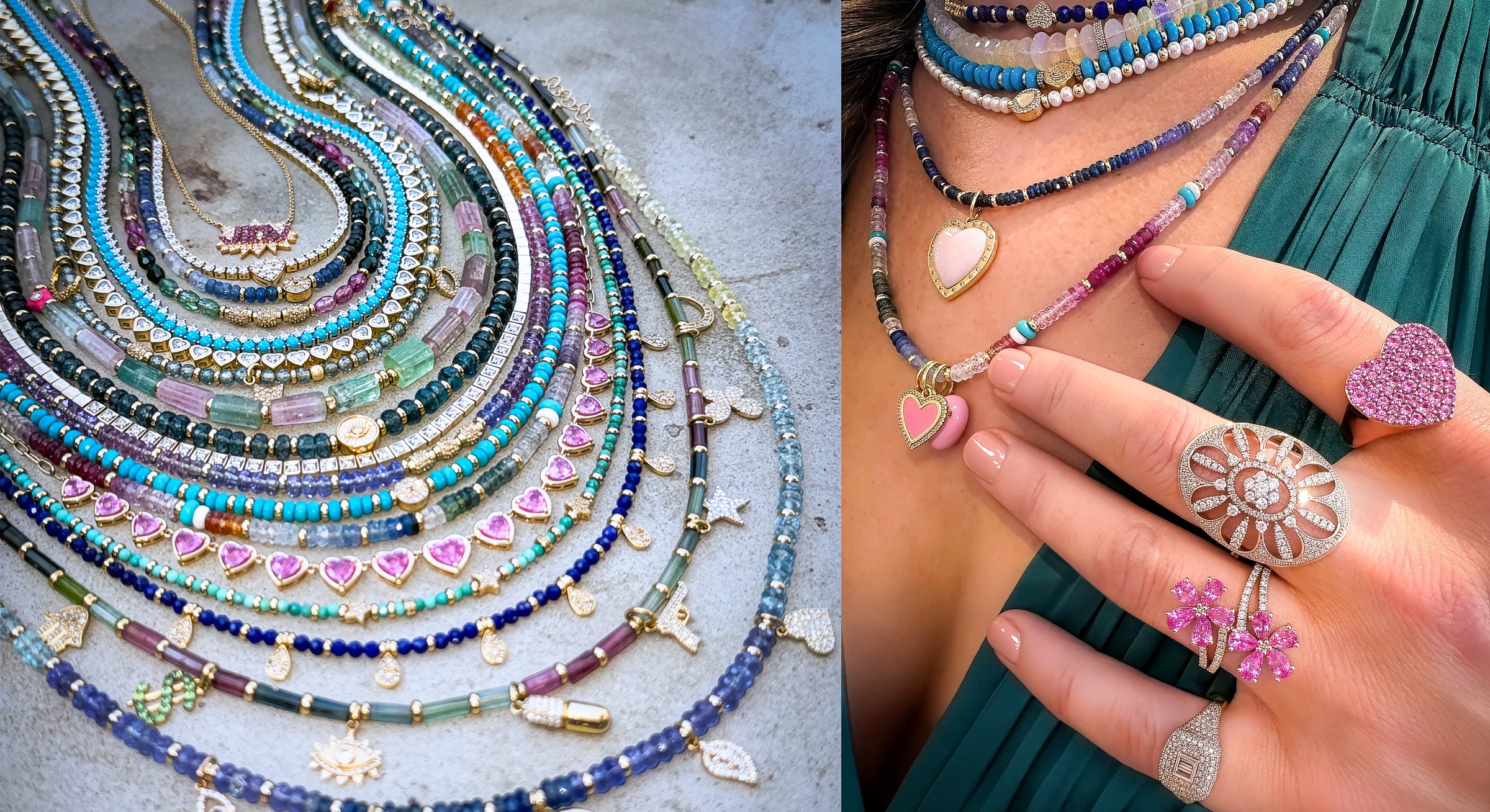 A split image showing a collection of colorful beaded necklaces on the left and a close-up of a hand wearing several layered necklaces and rings on the right. The jewelry features various beads, charms, and pendants in blue, pink, purple, green, and gold tones.