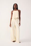 Beige Shell Embroidered Buckle Linen Wide-leg Pants