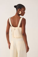Beige Shell Beaded Neckline Linen Crop Top